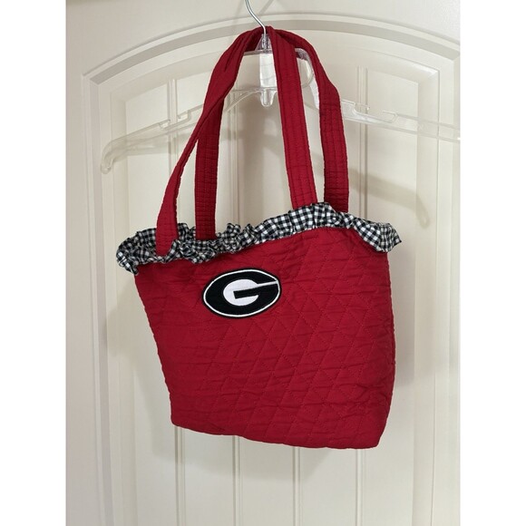 UGA University of Georgia Quilted Plaid Ruffle Trim Patch Tote Bag Football - Picture 1 of 3